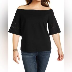 RALPH LAUREN BLACK OFF THE SHOULDER LASER GEO EYELET SLEEVE TOP SIZE L